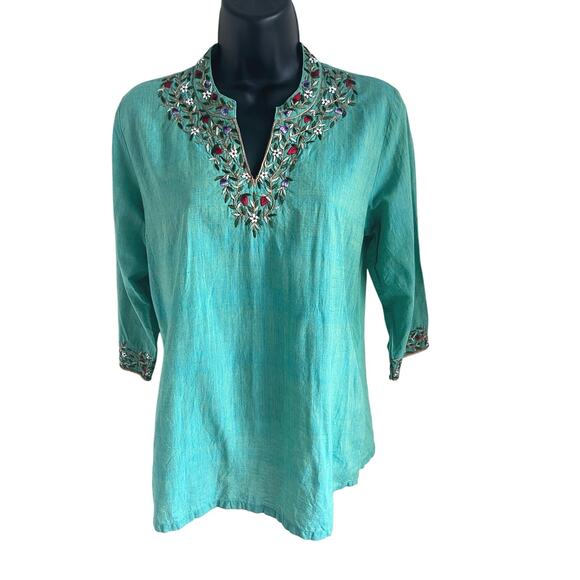 Ritu Agnihotri Aqua Embroidered Cotton Tunic Top Size M Handmade in India Boho - Picture 1 of 7